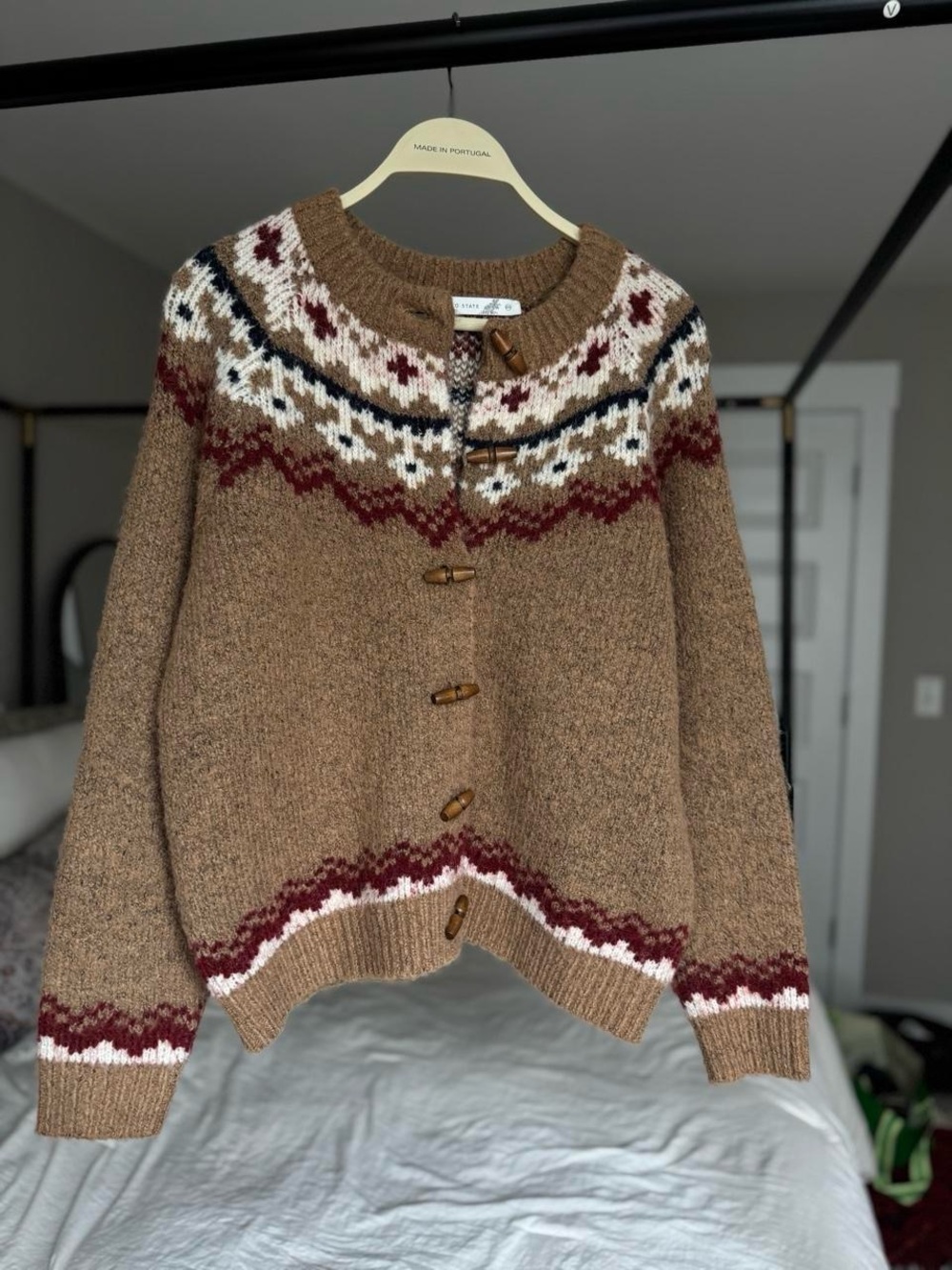 Altar'd State Brown Fair Isle Toggle Cardigan with Burgundy & Cream Accents